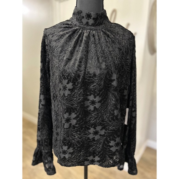 111 State Tops - NWT 1 STATE Black Burnout Velvet Mock Neck Ruffle Cuff Open Back Top Small $89‎